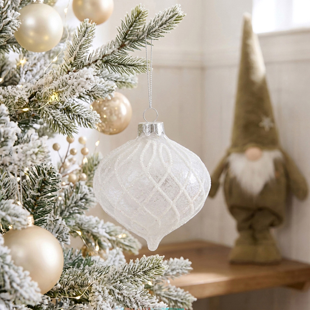 Alpine Lodge White Glass Sparkle Bauble Single Ornament Image 2