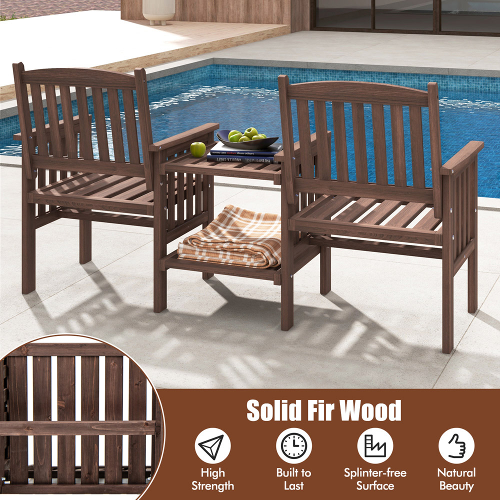 Costway 2 Seater Fir Wood Outdoor Loveseat and Side Table Set Brown Image 5