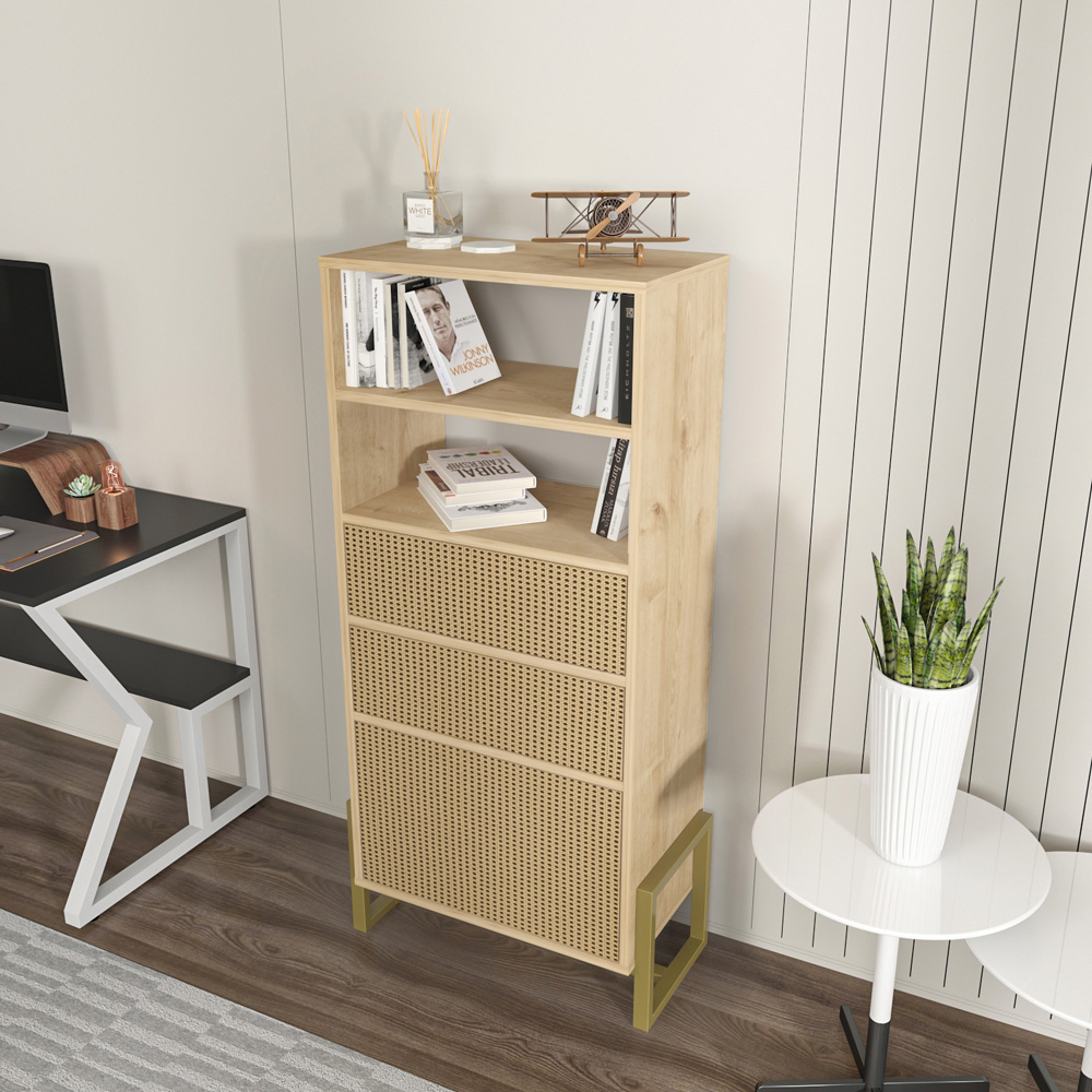 Decorotika Utopie 3 Door 2 Shelf Oak and Rattan Modern Bookshelf Image 7