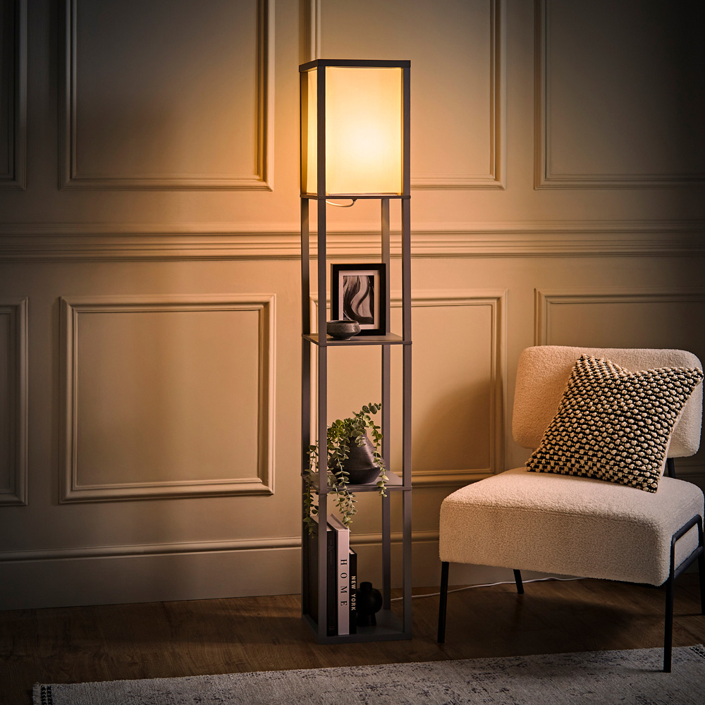 ValueLights Struttura 3 Shelf Fabric Shade Grey Shelving Unit Floor Lamp Image 6