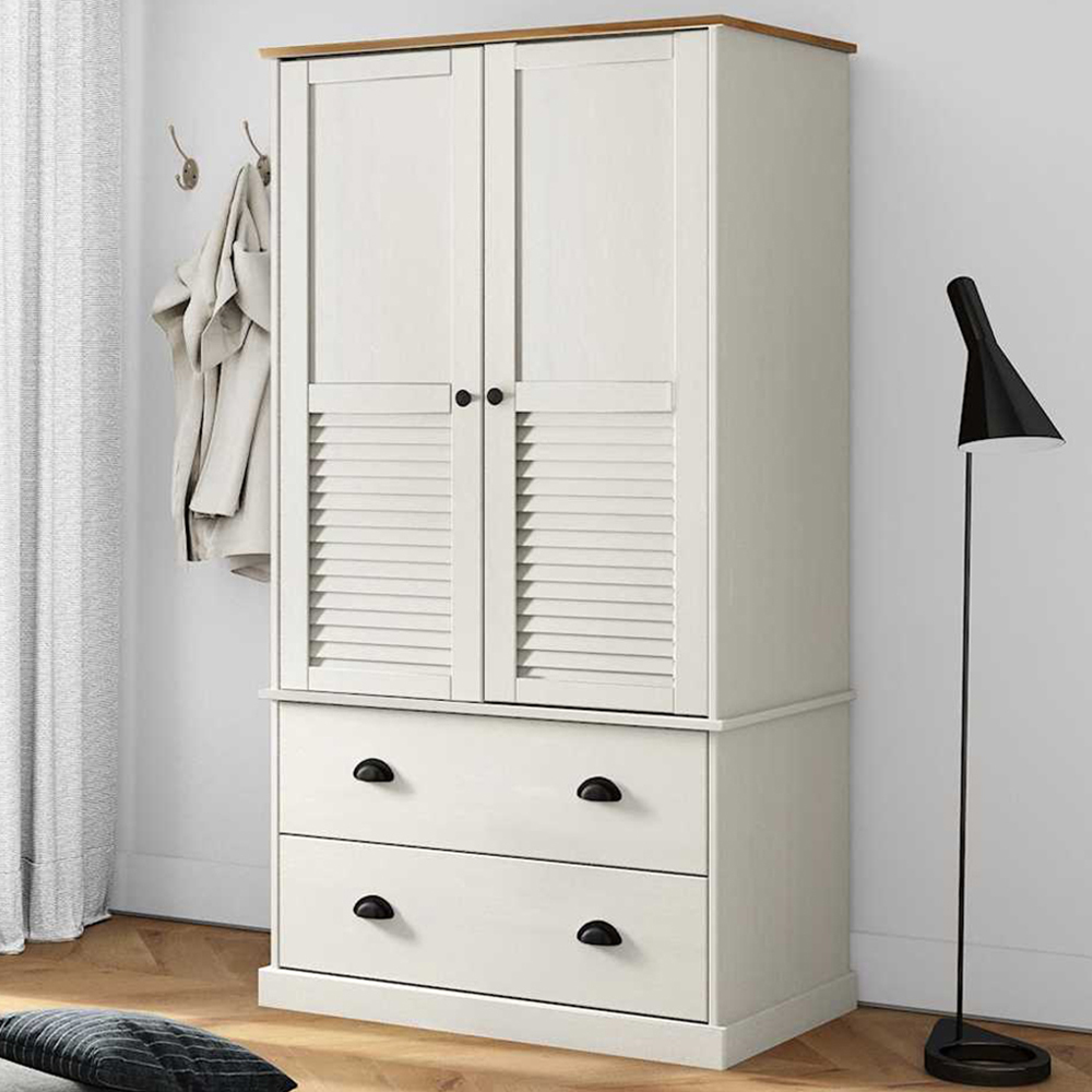 vidaXL Vigo 2 Door 2 Drawer White Solid Pine Wood Wardrobe Image 1