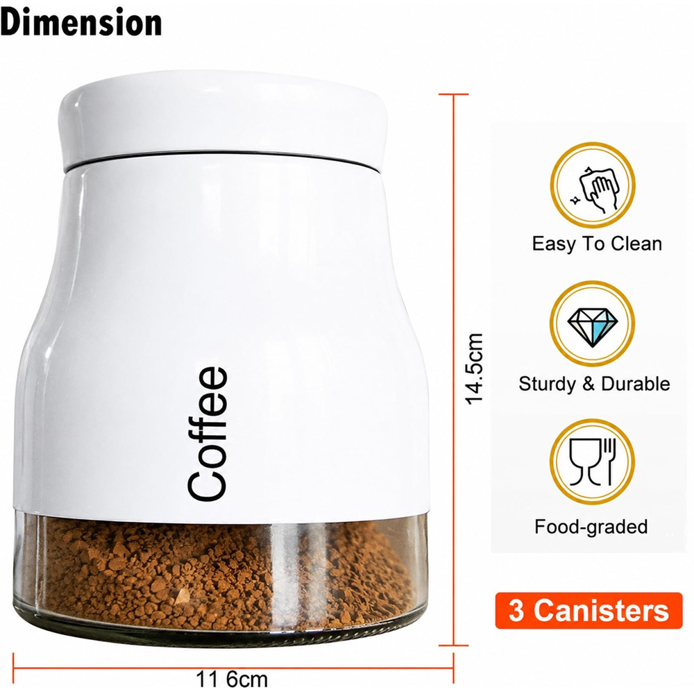 ATEK 3 Piece Tea Coffee and Sugar White Kitchen Canister Set Image 7