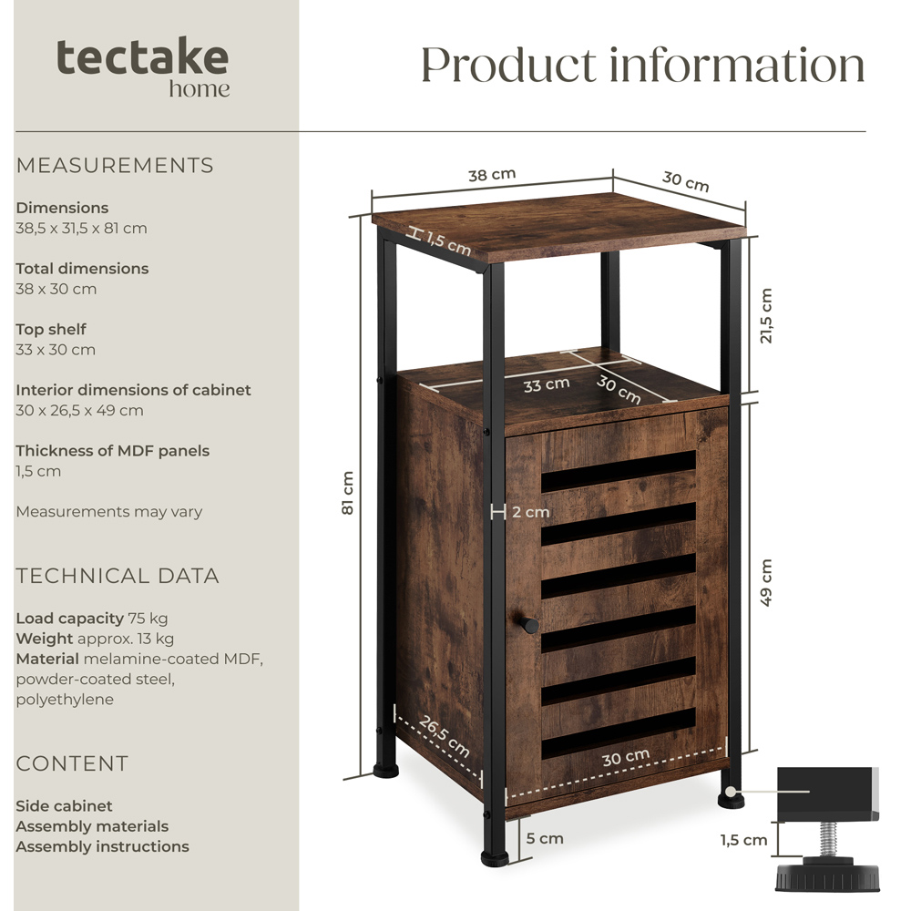 Tectake Durham Single Door Single Shelf Rustic Dark Wood Bedside Table Image 9