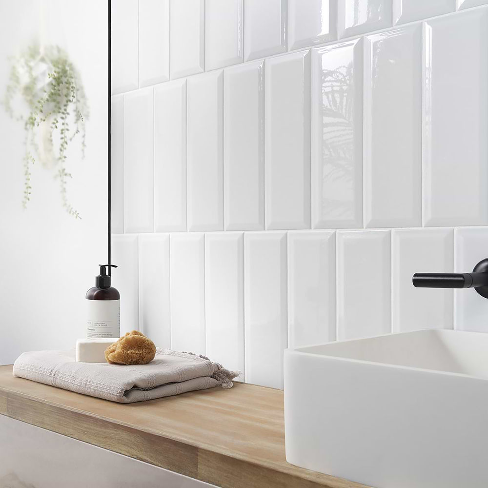 Top Ceramics White Bevelled Gloss Metro Ceramic Wall Tile 300 x 100mm Image 1