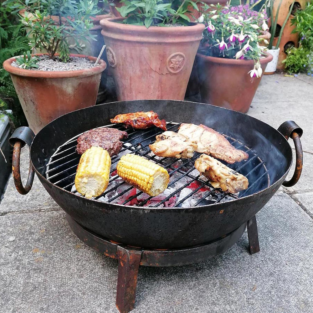 Inspirational Gifting Rustic Hand Made Steel Kadai BBQ and Fire Pit with Stand and Grill 40cm Image 6