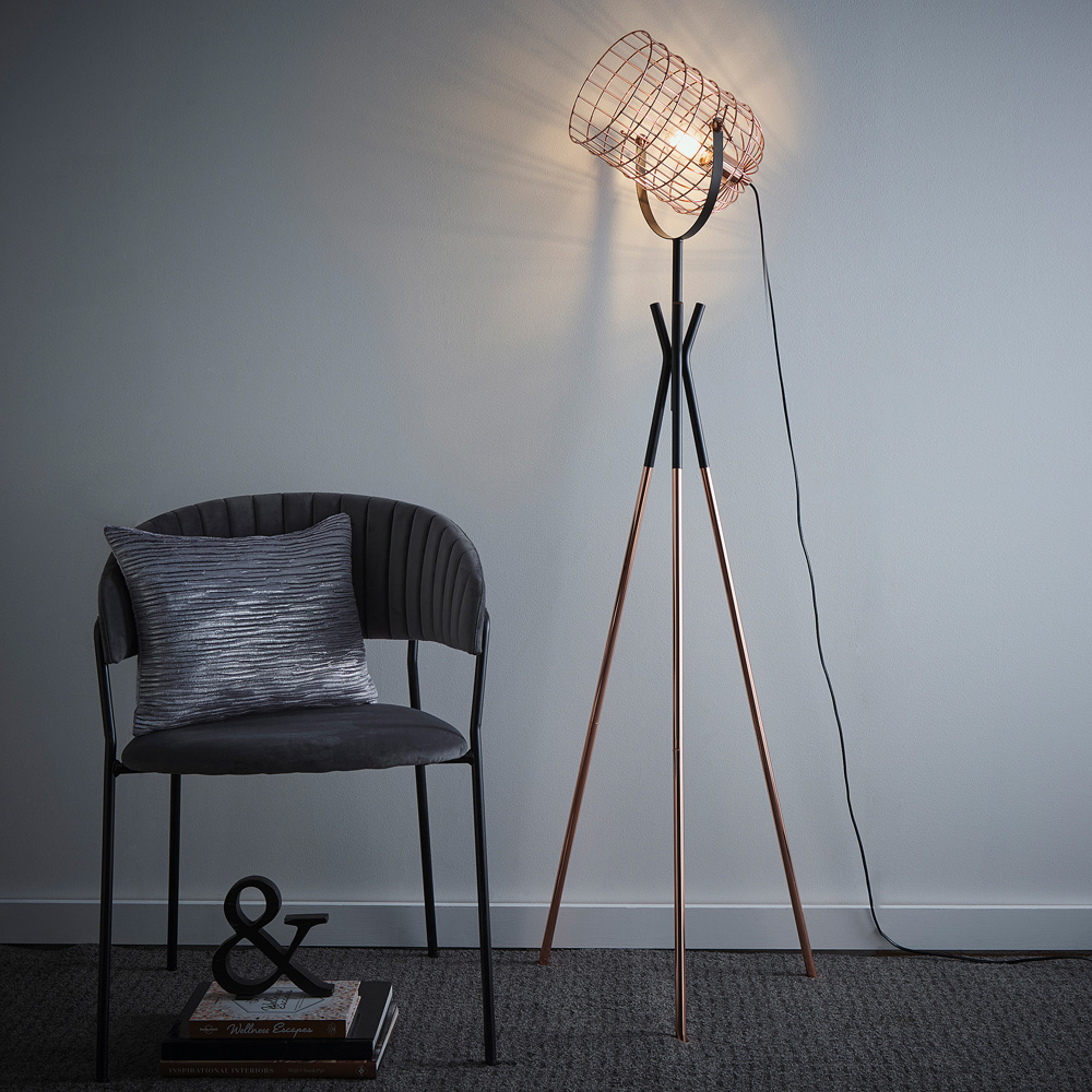 Kliving Fulton Copper and Black Industrial Metal Cage Tripod Floor Lamp Image 3