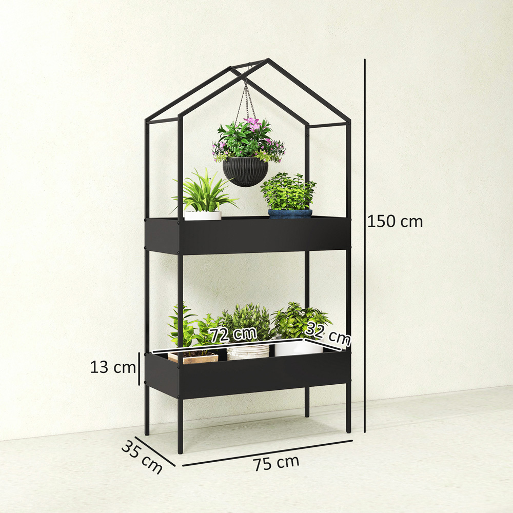Outsunny 2 Shelf Black Metal Plant Stand with Hook Image 9