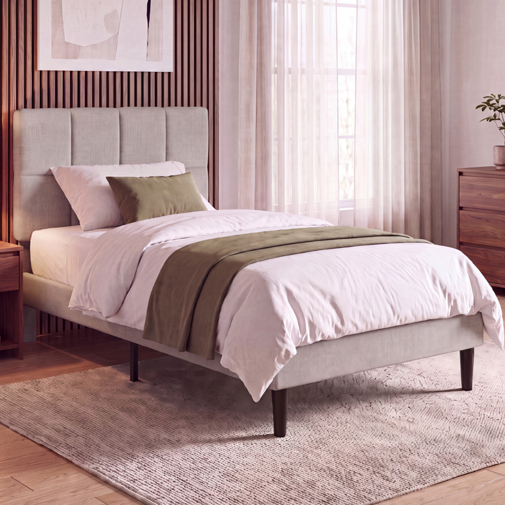 VIDA DESIGNS Velmora Single Beige Linen Fabric Bed with Memory Foam Bonnell Spring Mattress Image 1
