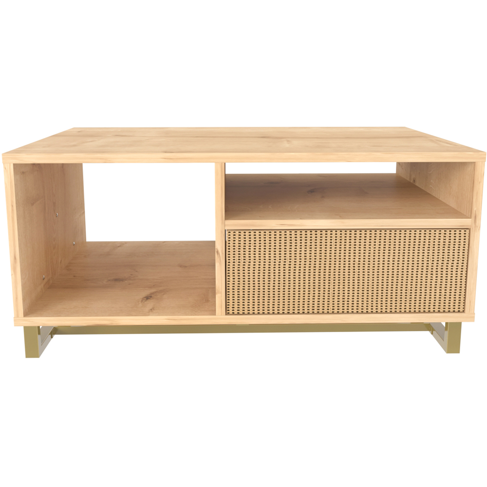 Decorotika Utopie 2 Door 2 Shelf Oak and Rattan Modern Coffee Table Image 2