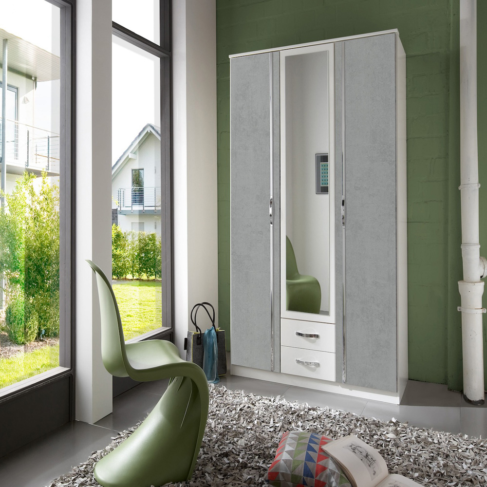 TJ'S Clack 3 Door 2 Drawer Grey and White Wardrobe with Mirror Image 4