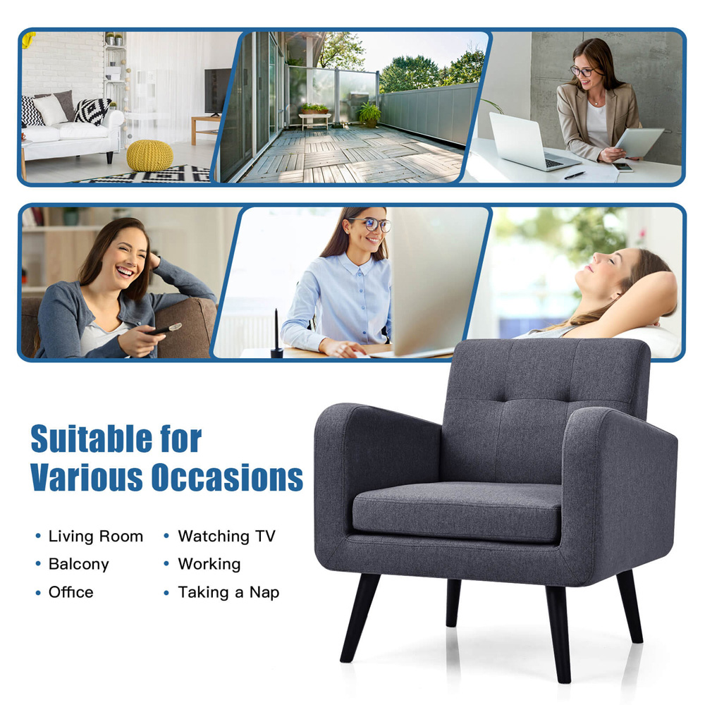 Costway Grey Mid Century Modern Upholstered Armchair Image 6