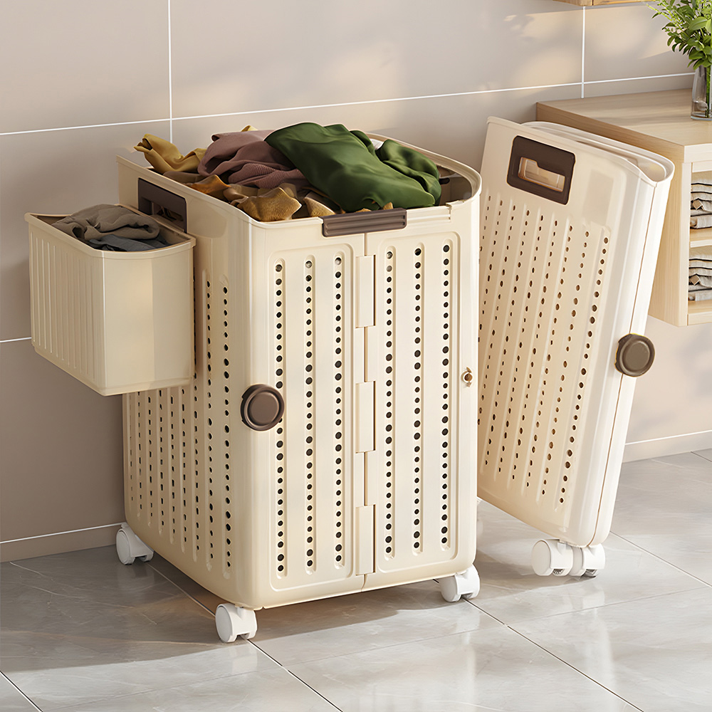 Living and Home Medium Cream White Foldable Laundry Basket with Hanging Basket and Castors Image 2