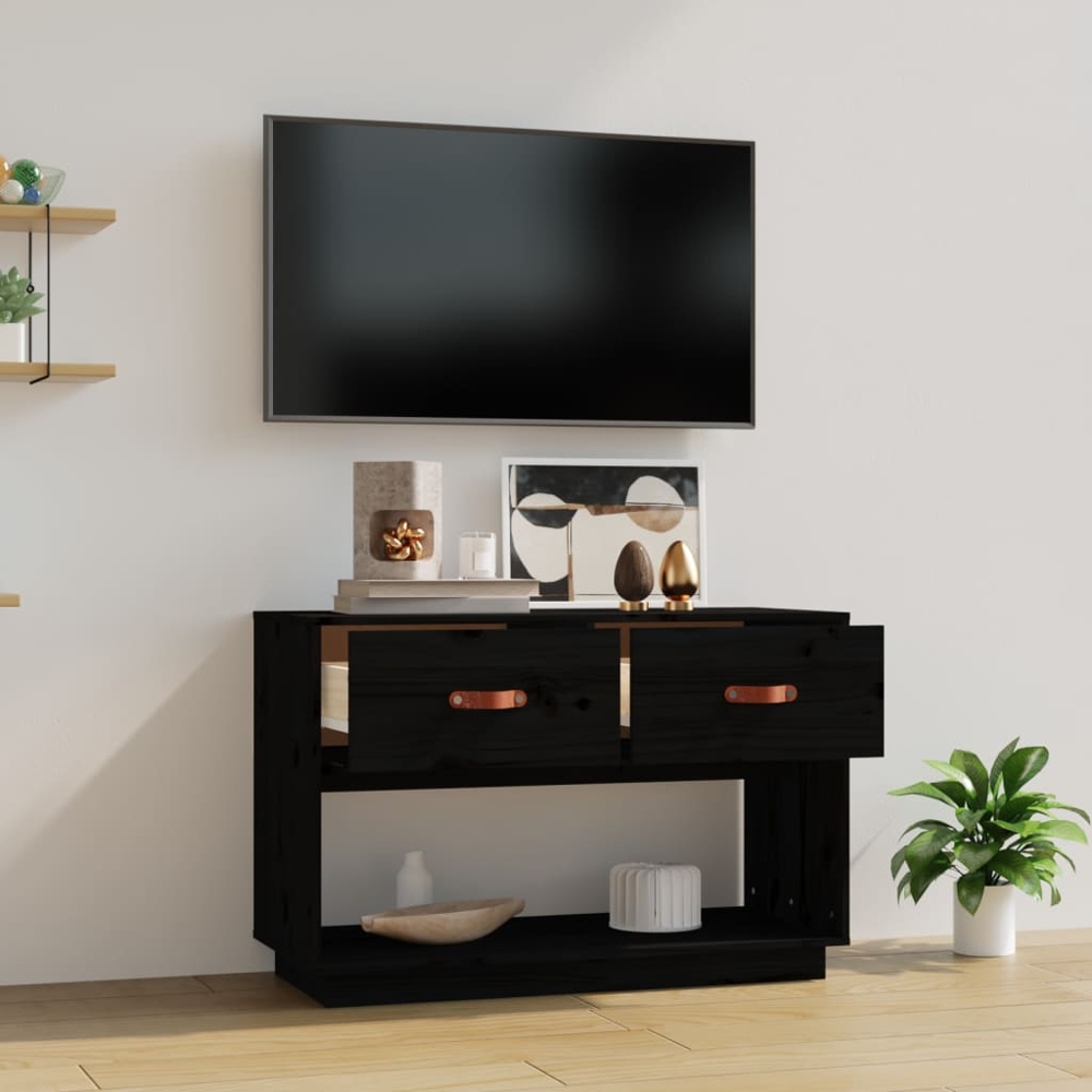 vidaXL 2 Drawer Single Shelf Black Solid Pine Wood TV Cabinet Image 8