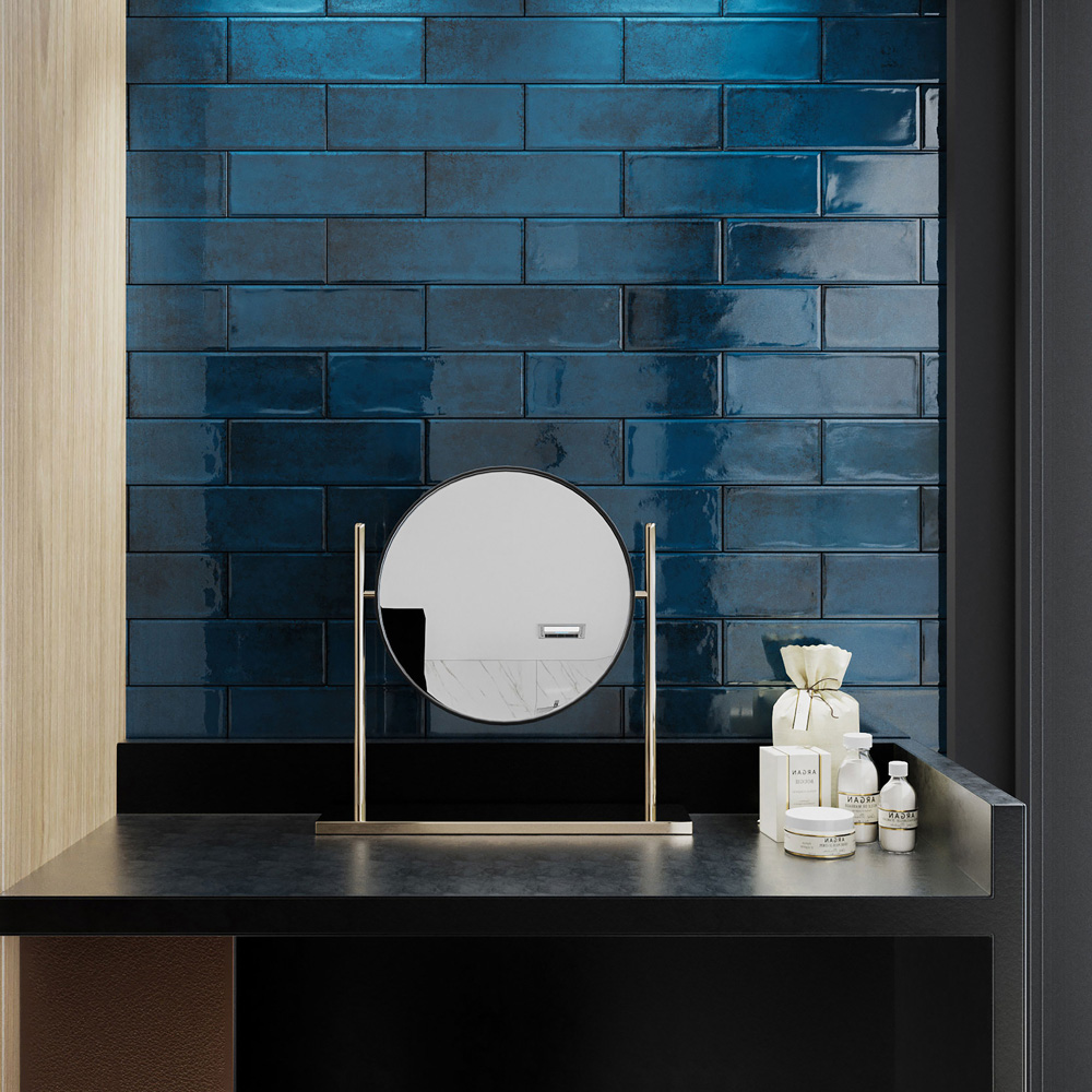 Top Ceramics Metro Dark Blue Gloss Flat Bumpy Ceramic Wall Tile 100 x 300mm 0.84sqm Image 4