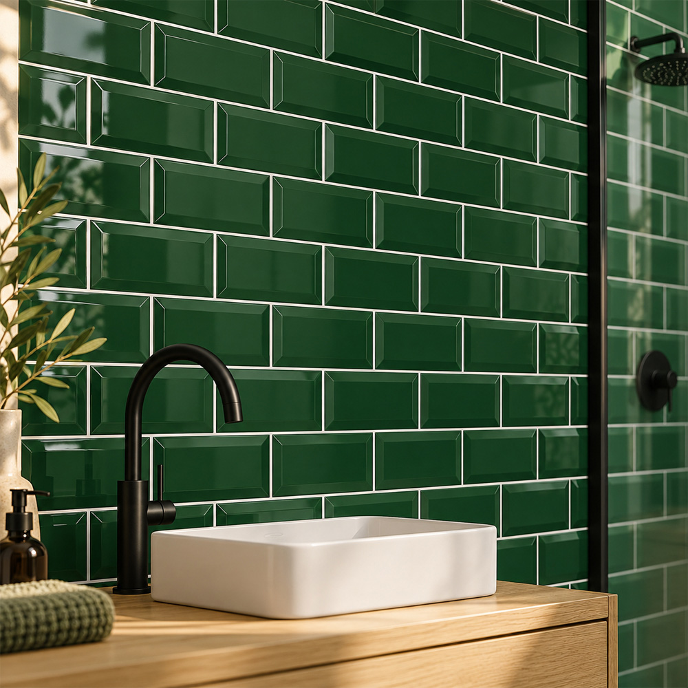 Go Bathrooms Metro Glossy Bottle Green Ceramic Wall Tile 100 x 200mm 50 Pack Image 3