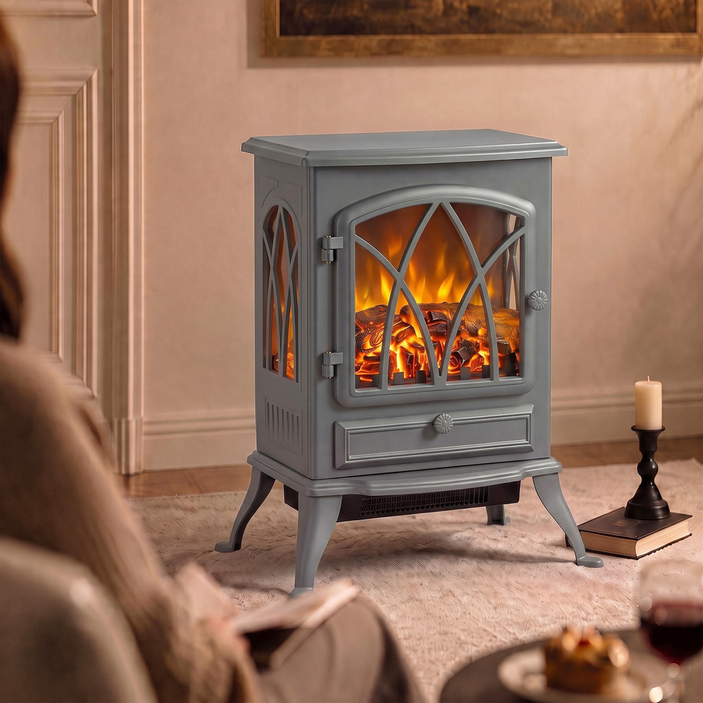 HOMCOM Grey Freestanding Fireplace Log Burner with LED Flame Effect Image 3