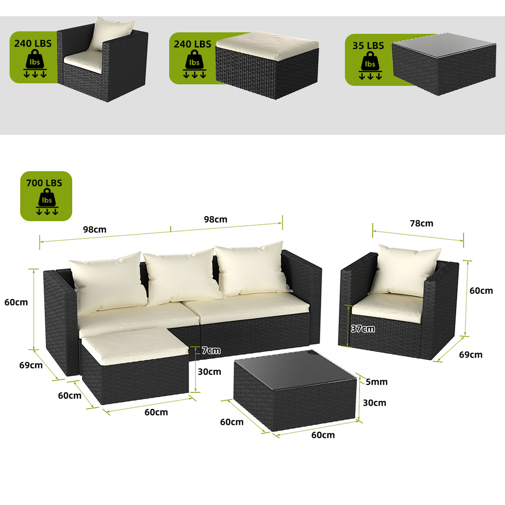 Rattrix 5 Seater Black Rattan Modular Garden Corner Sofa Set with Cushion Image 7
