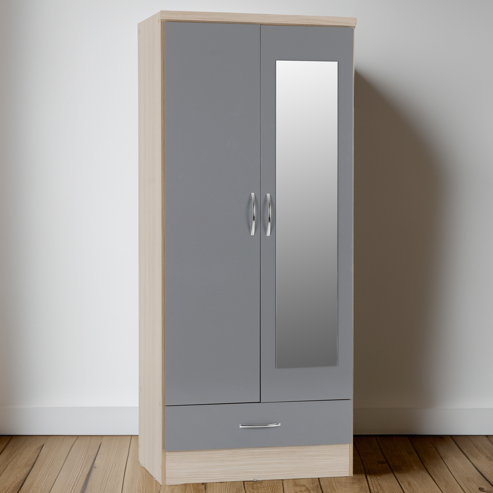Seconique Nevada 2 Door Single Drawer Grey Gloss and Light Oak Effect Mirror Wardrobe Image 1