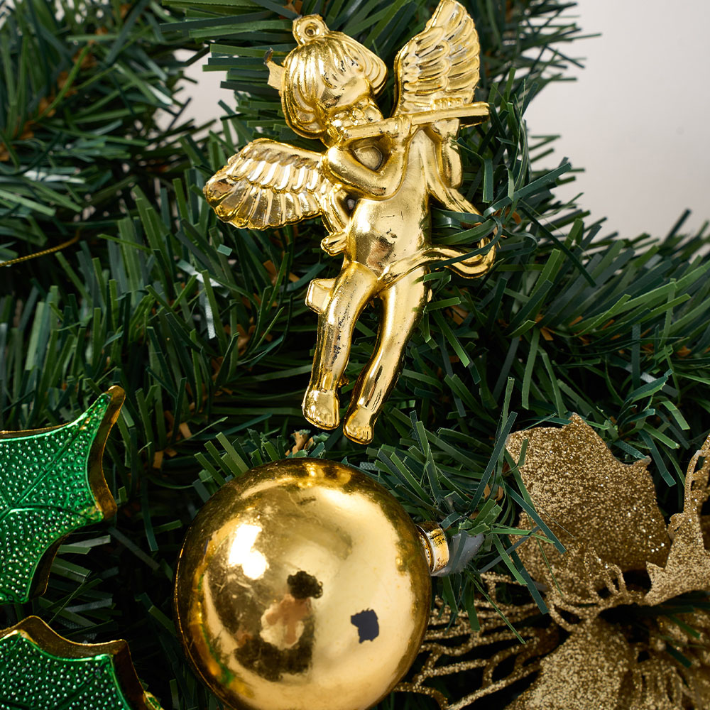 Living and Home Festive Christmas Wreath with Gold Ornaments Flowers and Pinecone Image 5