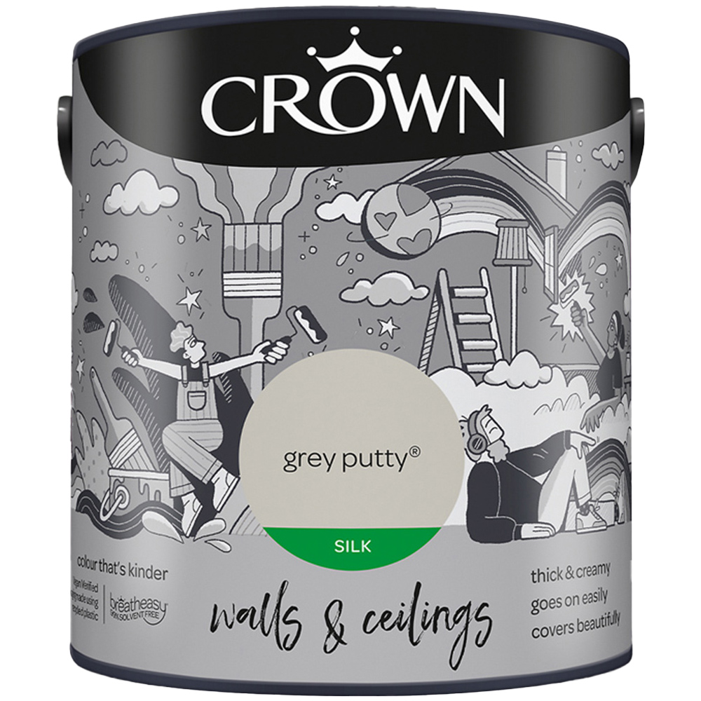 Crown Breatheasy Walls & Ceilings Grey Putty Silk Emulsion Paint 2.5L Image 2