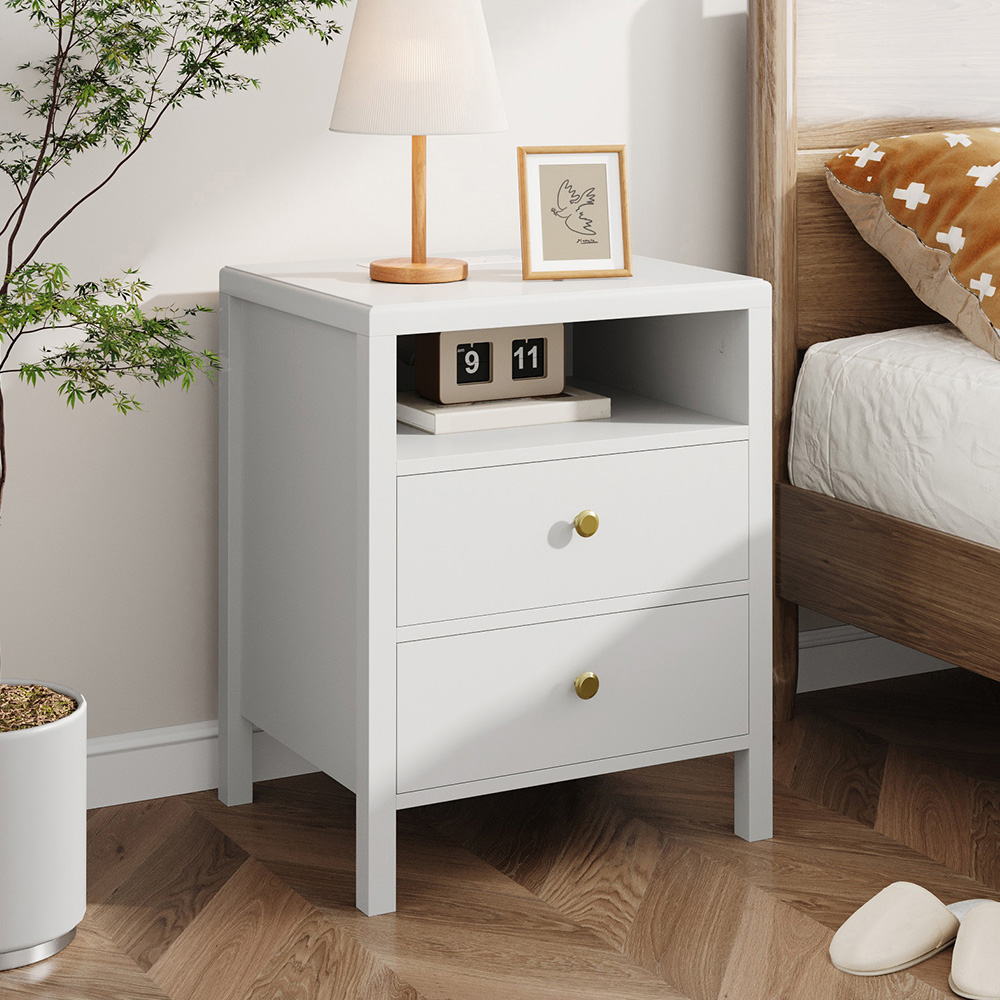 Living and Home 2 Drawer Single Shelf White Modern Bedside Table with Power Strip Set of 2 Image 8