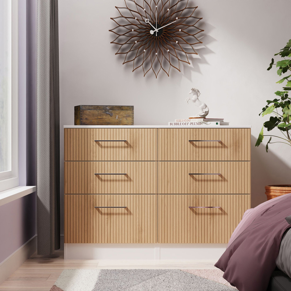 Crowndale Worcester 6 Drawer Slatt Effect and White Wide Chest of Drawers Ready Assembled Image 7