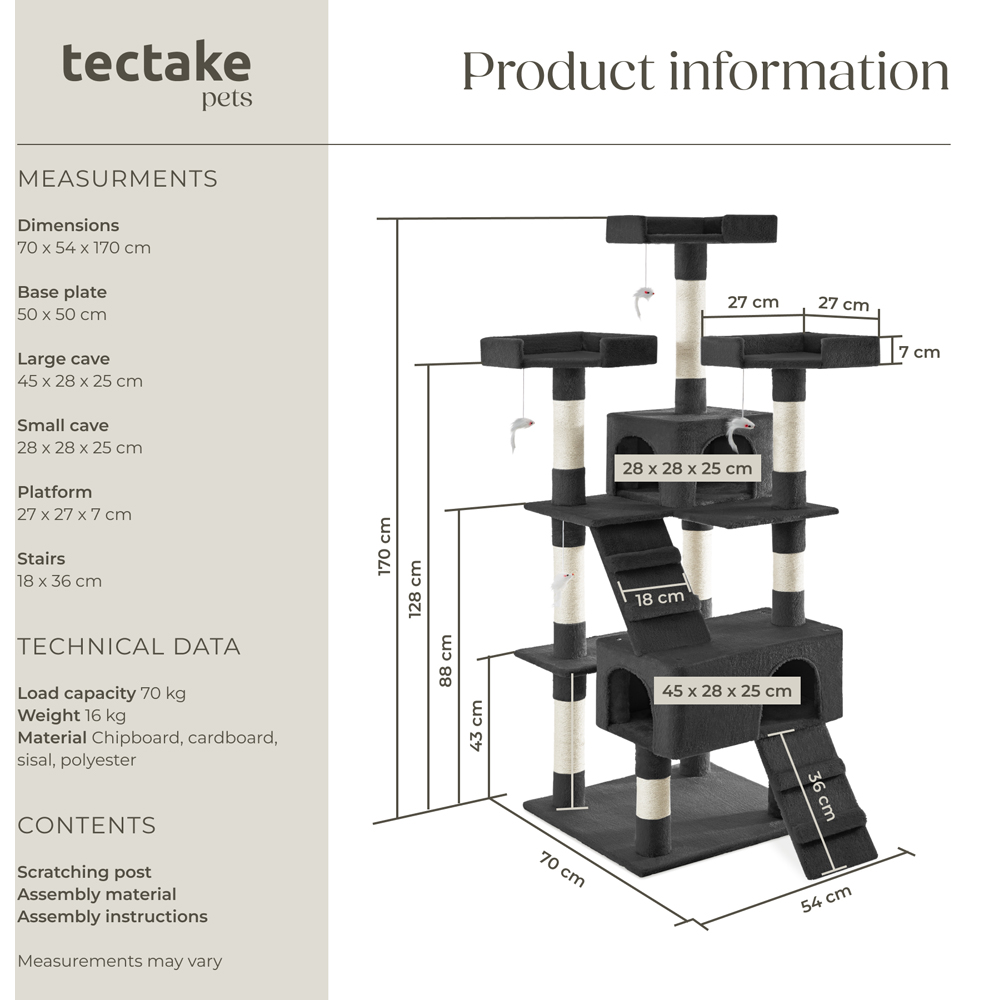 tectake Barney Black Cat Tree with Scratching Posts 170cm Image 9