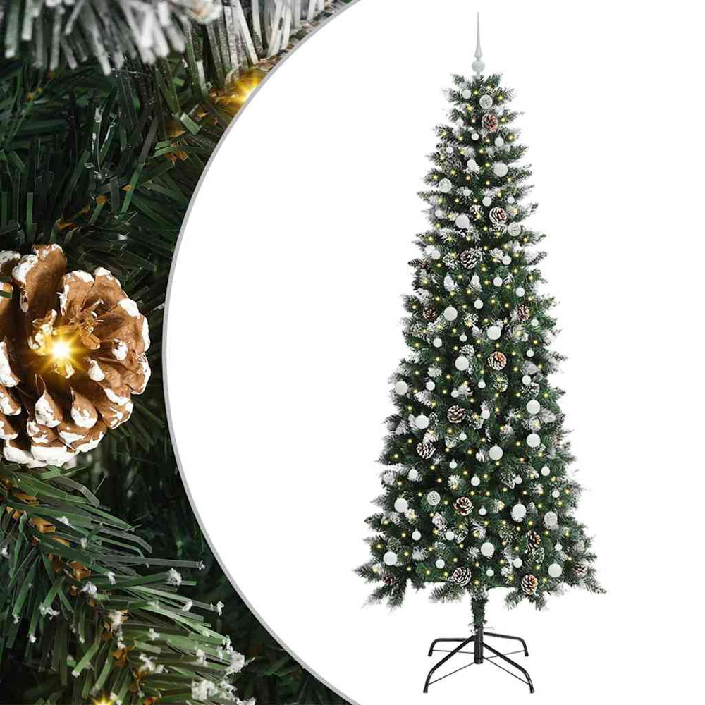vidaXL Pre-Lit White Baubles Green Artificial Snow Tipped Christmas Tree 8ft Image 2