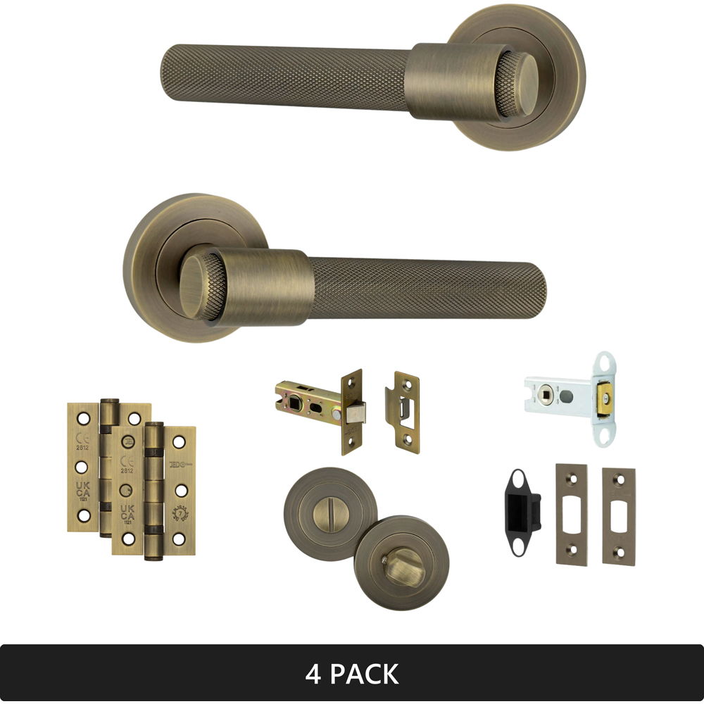 AXS Hardware Dakota Antique Brass Knurled Bathroom Door Handles on Rose 4 Pack Image 8