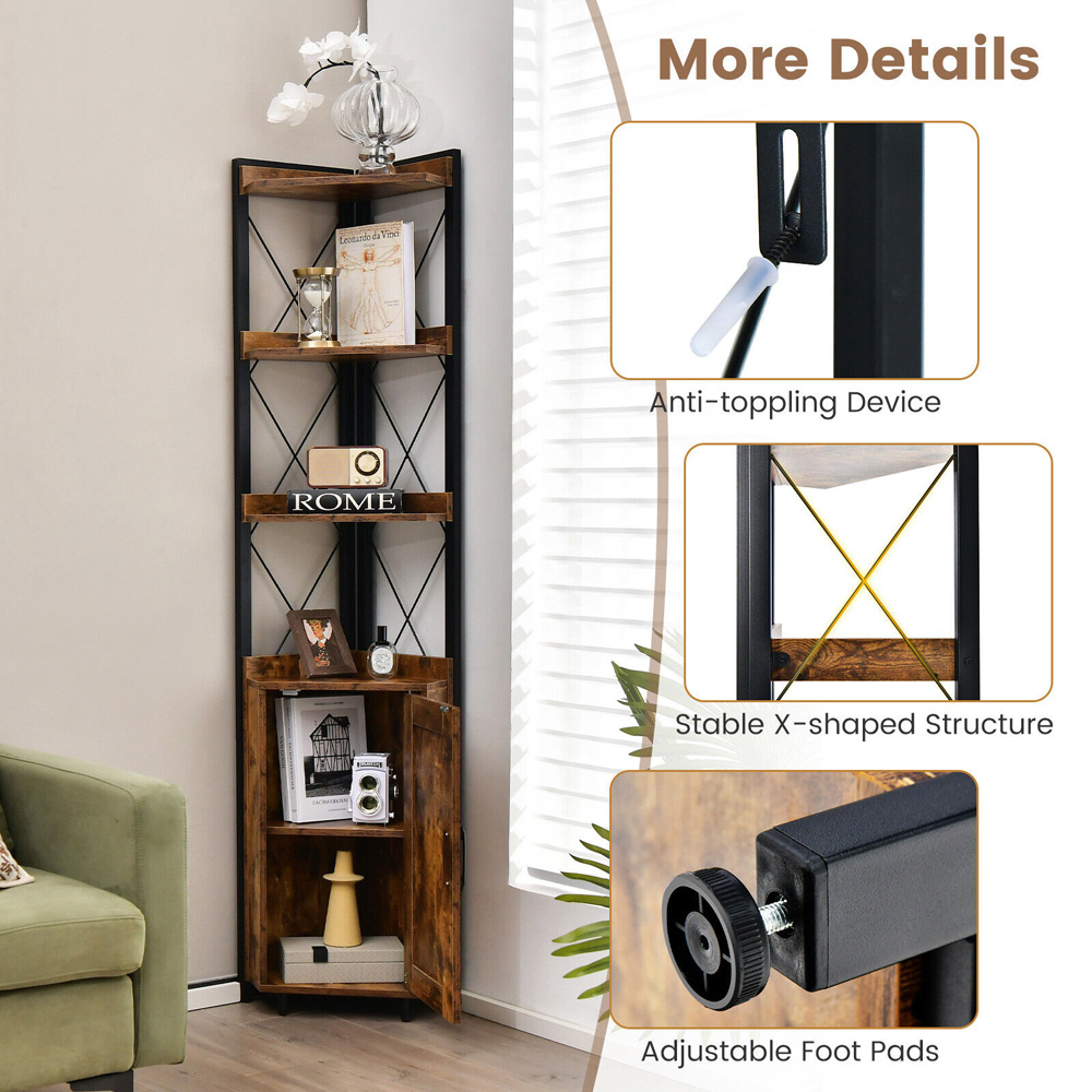 Costway 6 Tier Rustic Brown Bookcase Image 7