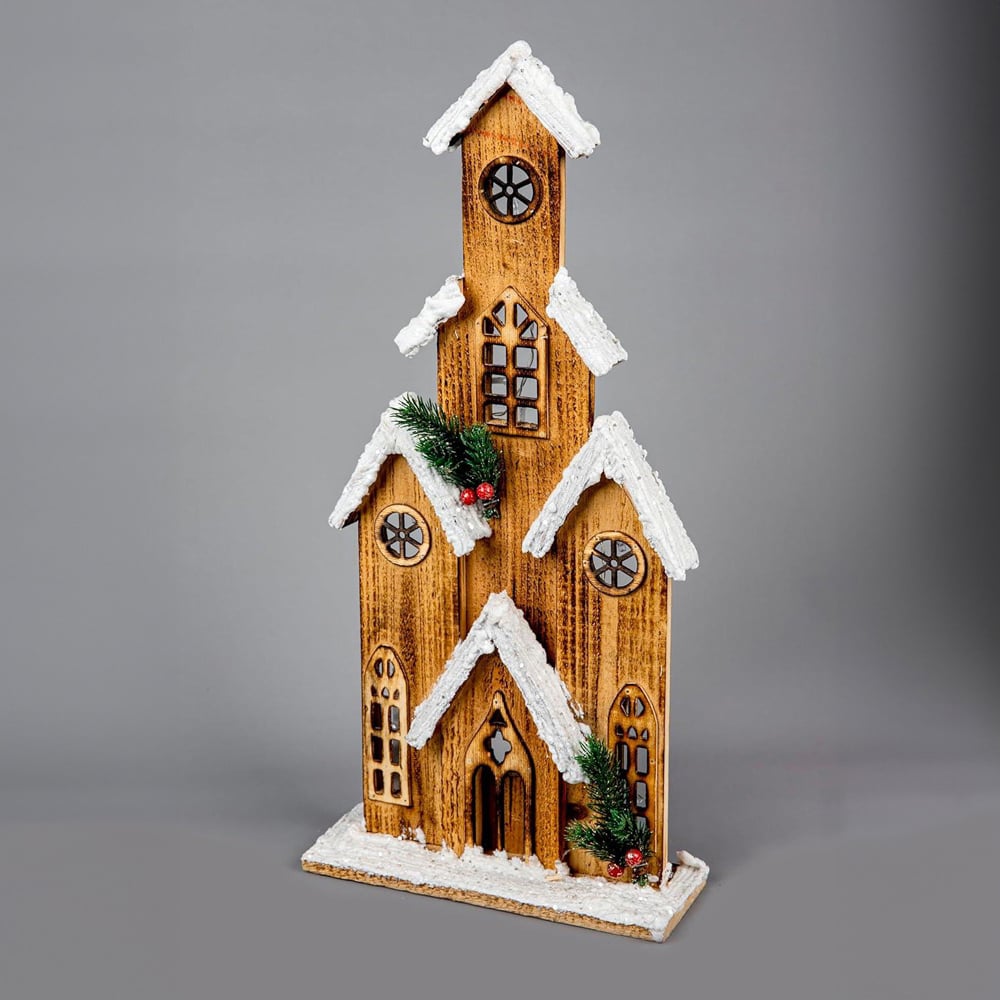 Shatchi Brown Wooden Snow Covered LED Cottage Christmas Decoration Image 3