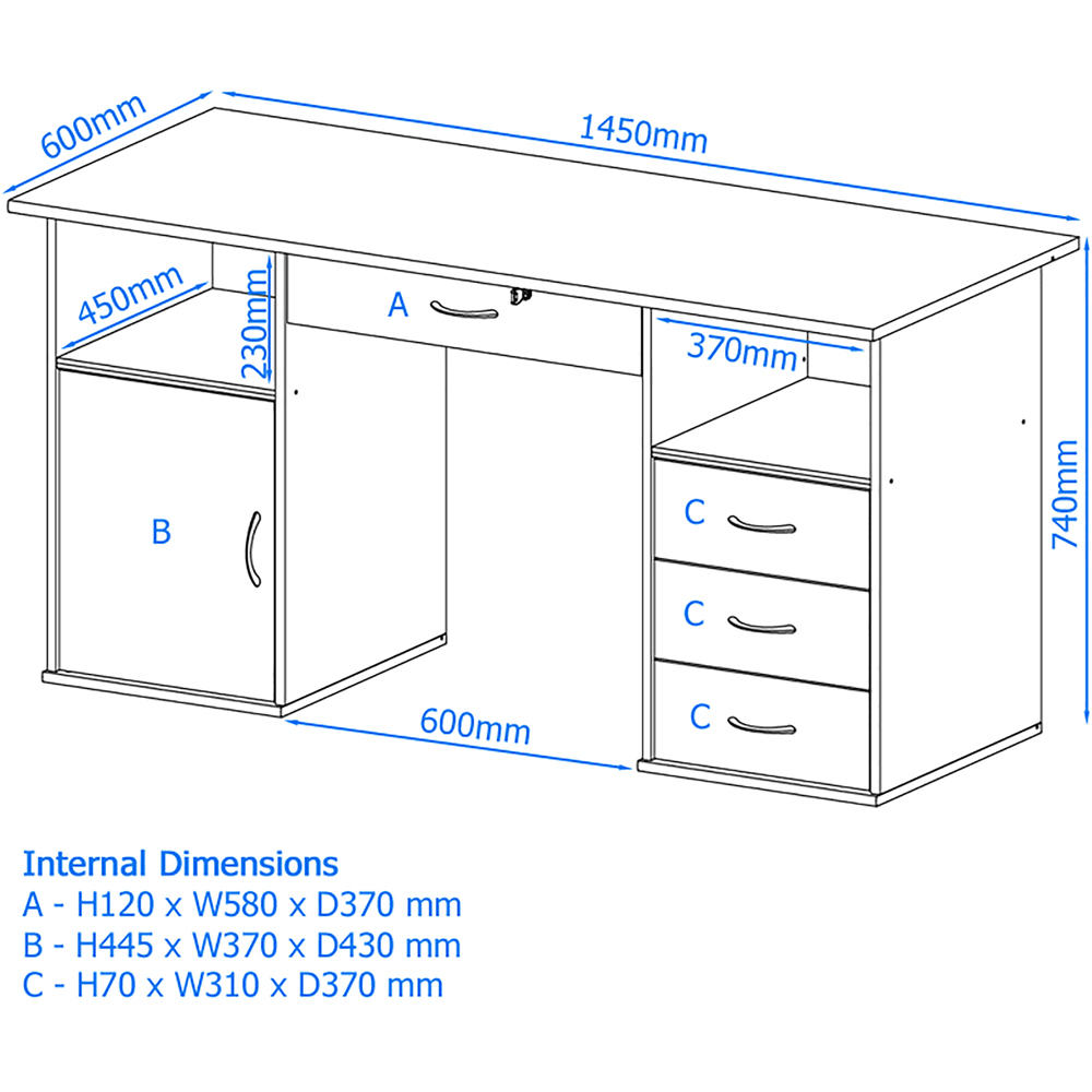 Alphason Dallas Single Door 4 Drawer Oak Office Desk Image 7