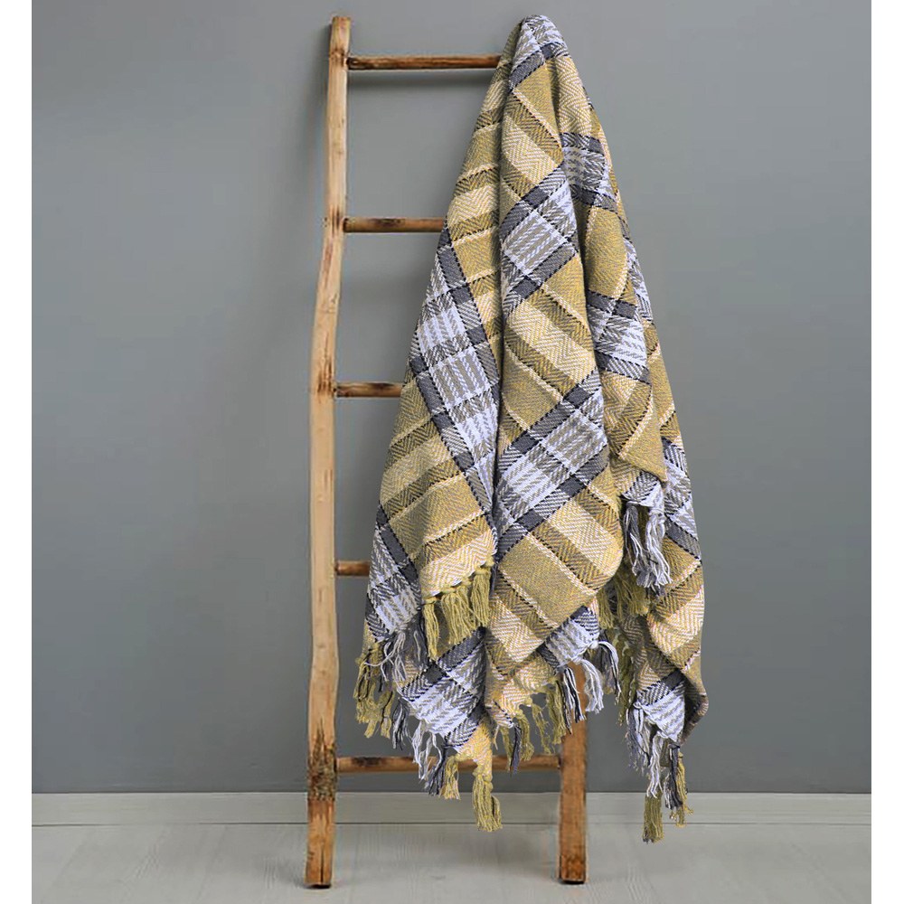 Velosso Grey and Ochre Bourbon Check Cotton Woven Tasselled Throw 228 x 254cm Image 2