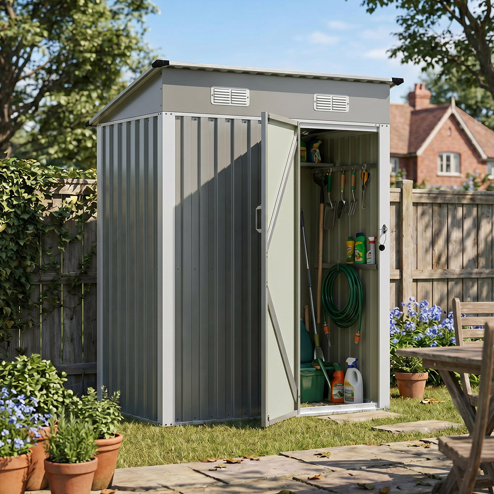 Living and Home 5 x 3ft Grey Pent Quick Assembly Metal Garden Storage Shed Image 2