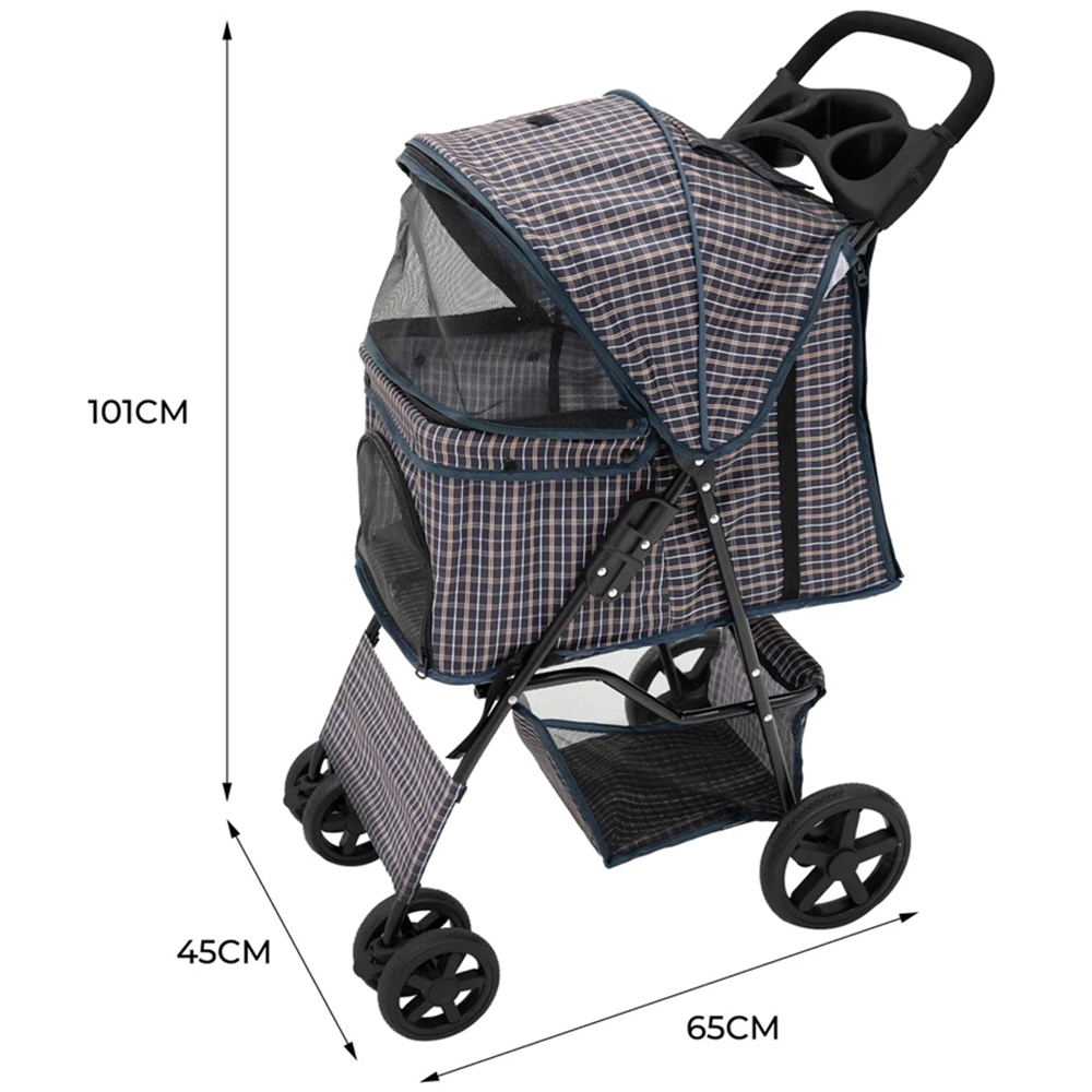 Monstershop Blue Tartan Pet Stroller with Rain Cover Image 4