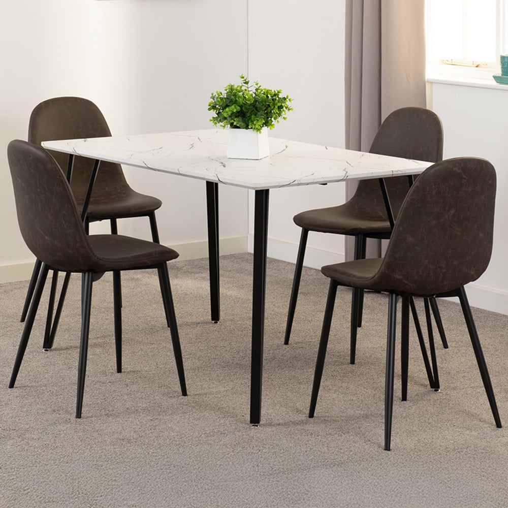 Seconique Marlow and Athens 4 Seater Dining Set White Marble and Brown PU Image 1