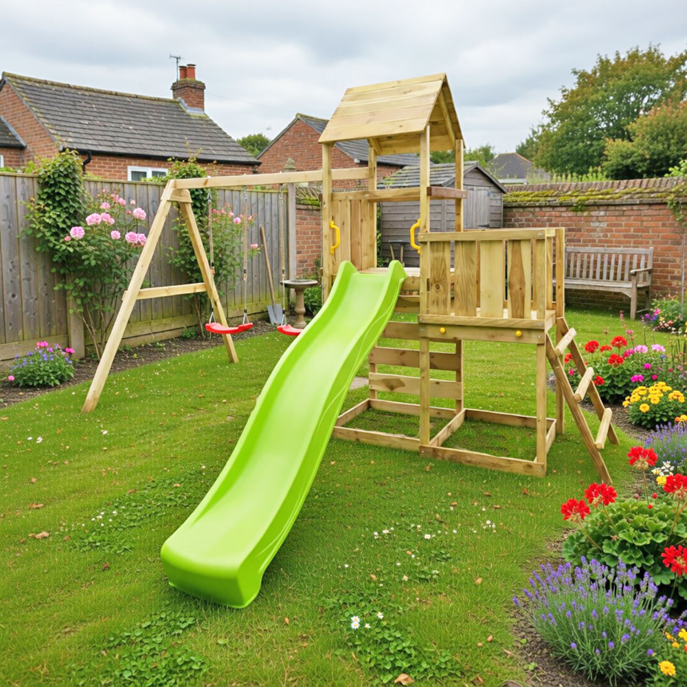 Shire Max Play Multi-Activity Wooden Play Tower with Slide Swings Climbing Wall and Sandpit Image 4