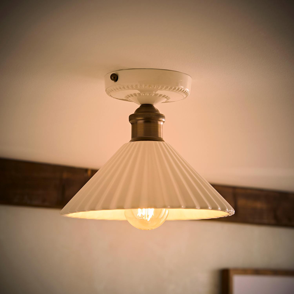 ValueLights Burford White Ribbed Ceramic Shade LED Flush Ceiling Light with Bulb Image 2