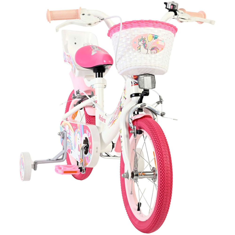Volare Unicorn Kids 14 inch White and Pink Bike with Stabilisers Doll Seat and Basket Image 2