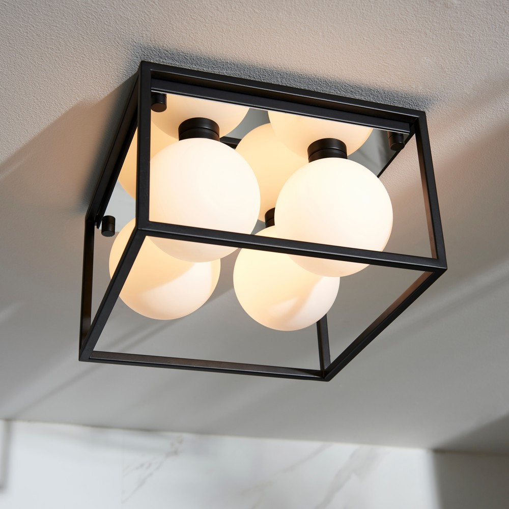 Merano Matera Matt Black and Matt Opal Glass Semi Flush Bathroom 4 Light Ceiling Light Image 6