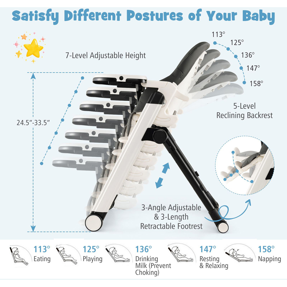 Costway Light Grey Multifunctional Folding Baby Highchair Image 3