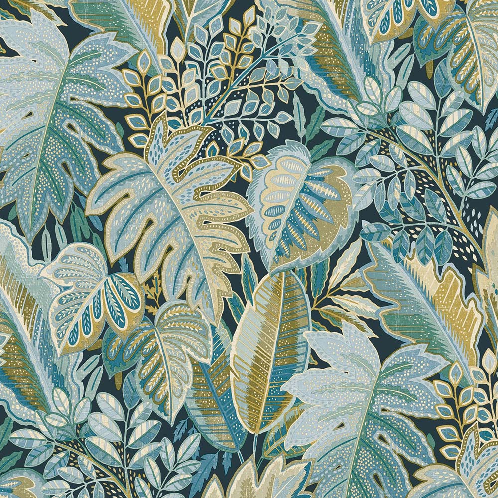 Grandeco Tribal Leaf Foliage Aqua Blue and Green Textured Wallpaper Image 1