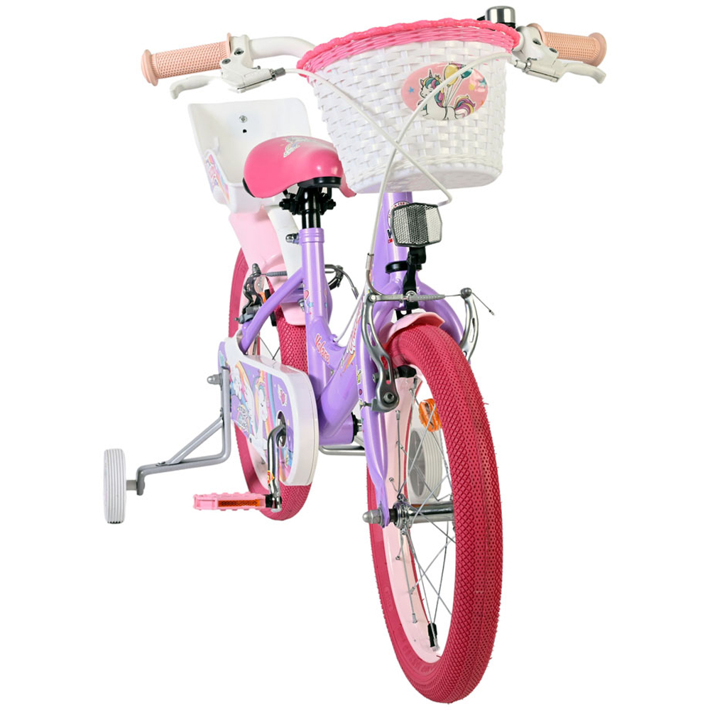 Volare Unicorn Kids 16 inch Purple and Pink Bike with Stabilisers Doll Seat and Basket Image 3
