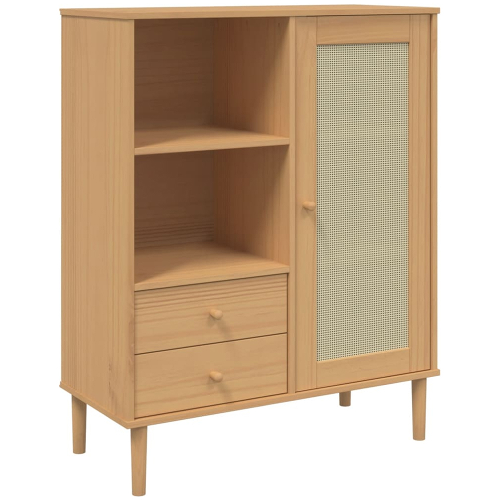 vidaXL Senja Single Door 2 Drawer 2 Shelf Brown Solid Pine Wood Rattan Look Highboard Image 2