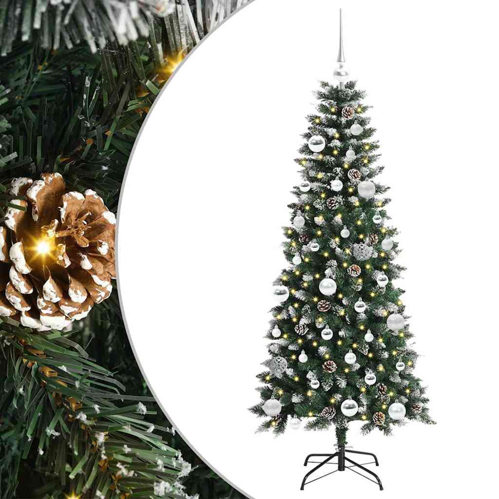vidaXL Pre-Lit Silver Baubles Green Artificial Snow Tipped Christmas Tree 5ft Image 2