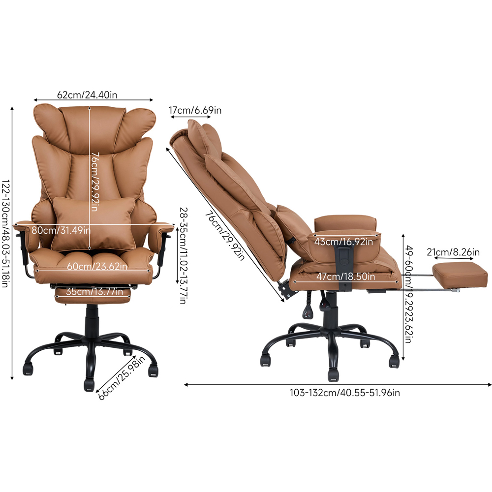 Living and Home Brown Ergonomic Office Chair with Adjustable Armrests and Footrest Image 9