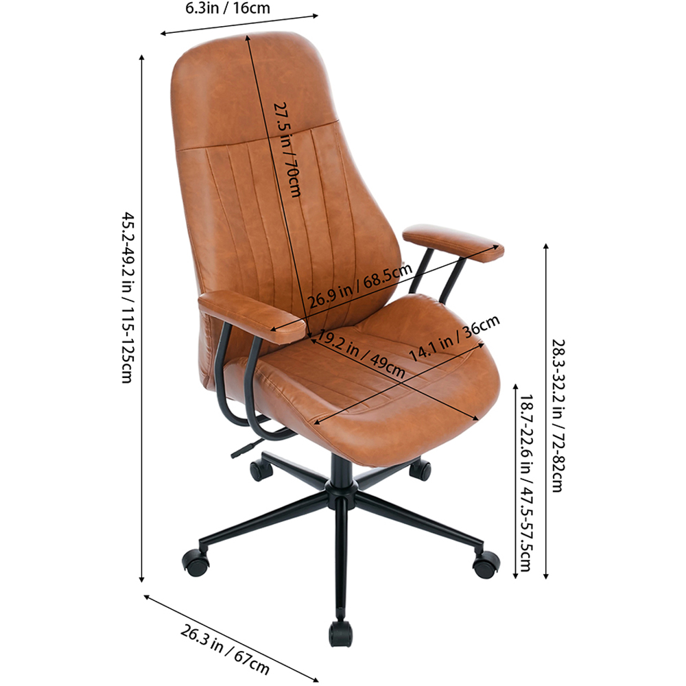 Living and Home Brown PU Leather Vertical Stitching Height Adjustable High-Back Swivel Office Chair Image 8