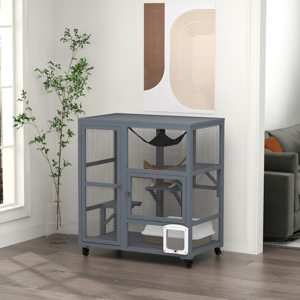 PawHut Light Grey Wooden Cat House with 3 Platform and Hammock Image 2