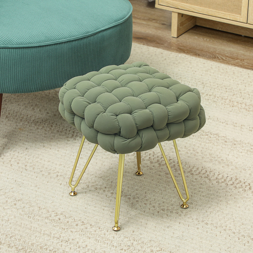 HOMCOM Green Woven Velvet Footstool with Metal Legs Image 4