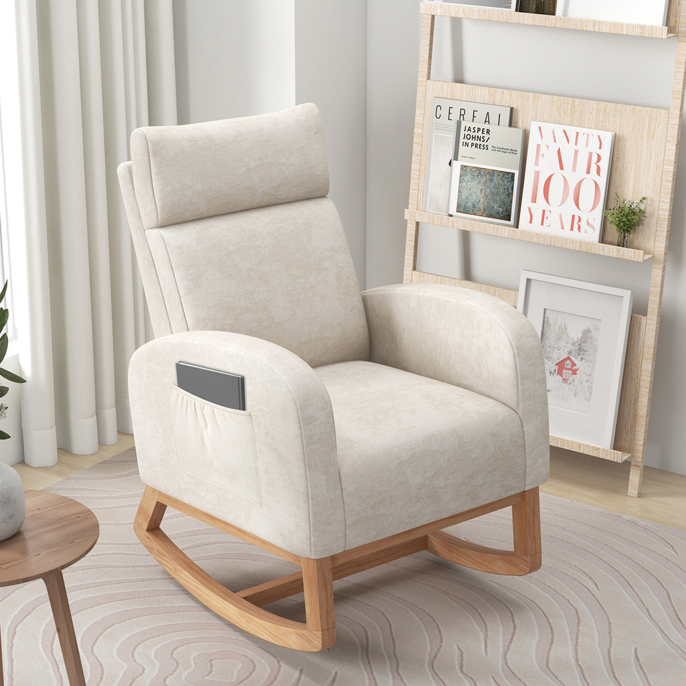 Costway Beige Upholstered Chenille Nursery Rocking Chair Image 3